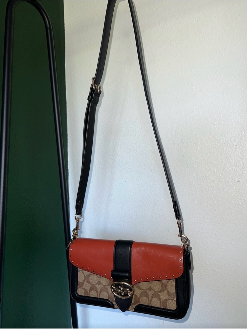 Coach Shoulder Bag Brown Tan Black Red with Signature Canvas